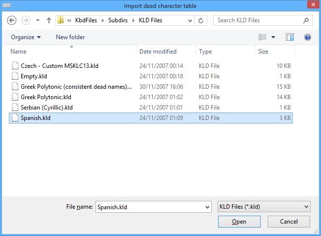 KbdEdit dialog import dead character key table from KLD file