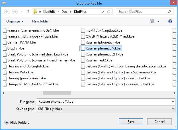 KbdEdit dialog Export keyboard layout to KBE file