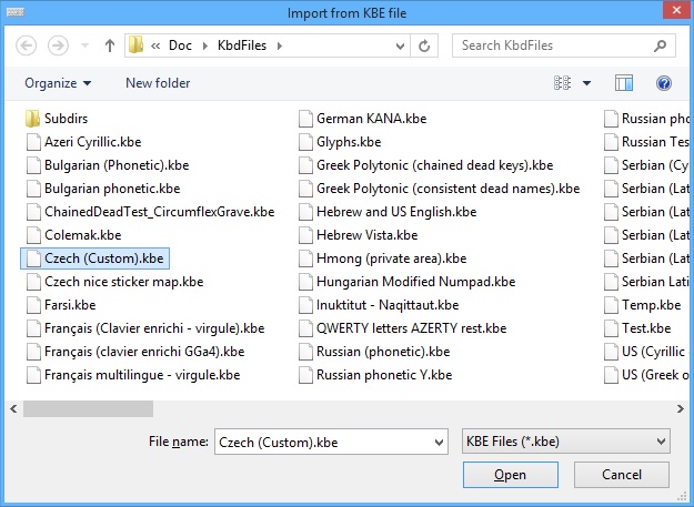 KbdEdit dialog Import keyboard layout from KBE file