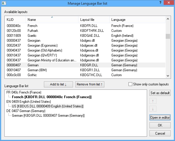 KbdEdit dialog Manage Language Bar keyboard layout preload list