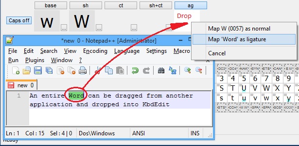 KbdEdit drag drop a word or character from another application