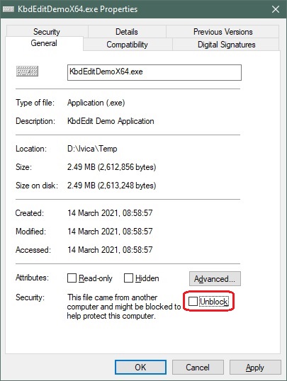 KbdEdit Demo Properties Unlock SmartScreen