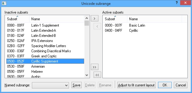 KbdEdit dialog Unicode subrange filter editor