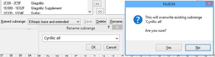 KbdEdit dialog Unicode named subrange overwrite confirmation